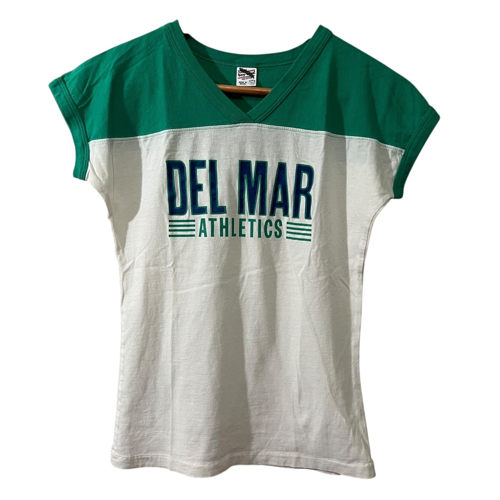 Vintage Boy-Tees Del Mar‎ Athletics Green White V-Neck Tee Women's Large